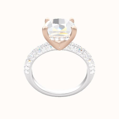 Three Row Pave Engagement Ring With V Prong with Hidden Halo Head