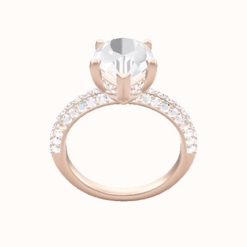 Three Row Pave Engagement Ring With V Prong with Hidden Halo Head
