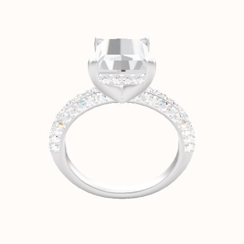 Three Row Pave Engagement Ring With V Prong with Hidden Halo Head