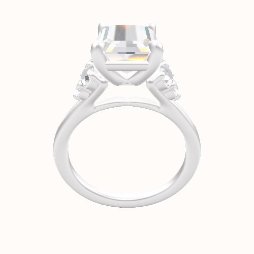 Wide Cathedral Diamond Band with Round Sidestone Trio Engagement Ring With Low Set Four Prong Head