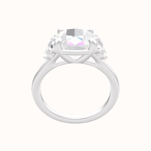 Wide Cathedral Diamond Band with Round Sidestone Trio Engagement Ring With Low Set Four Prong Head