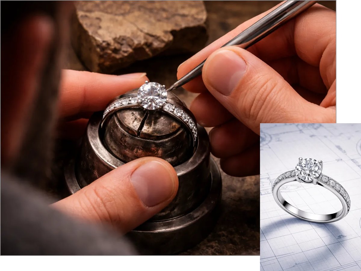 A jeweler on his workbench working on setting a round diamond into an engagement ring with sidestones pave on the band. Also shows you the completed ring.