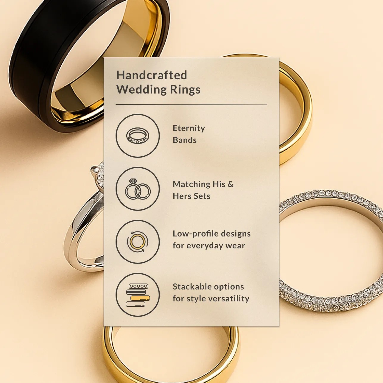 Handcrafted Wedding Rings: Eternity Bands, Matching His and Her Sets, Low-profile designs for everyday wear and stackable options for style versatility
