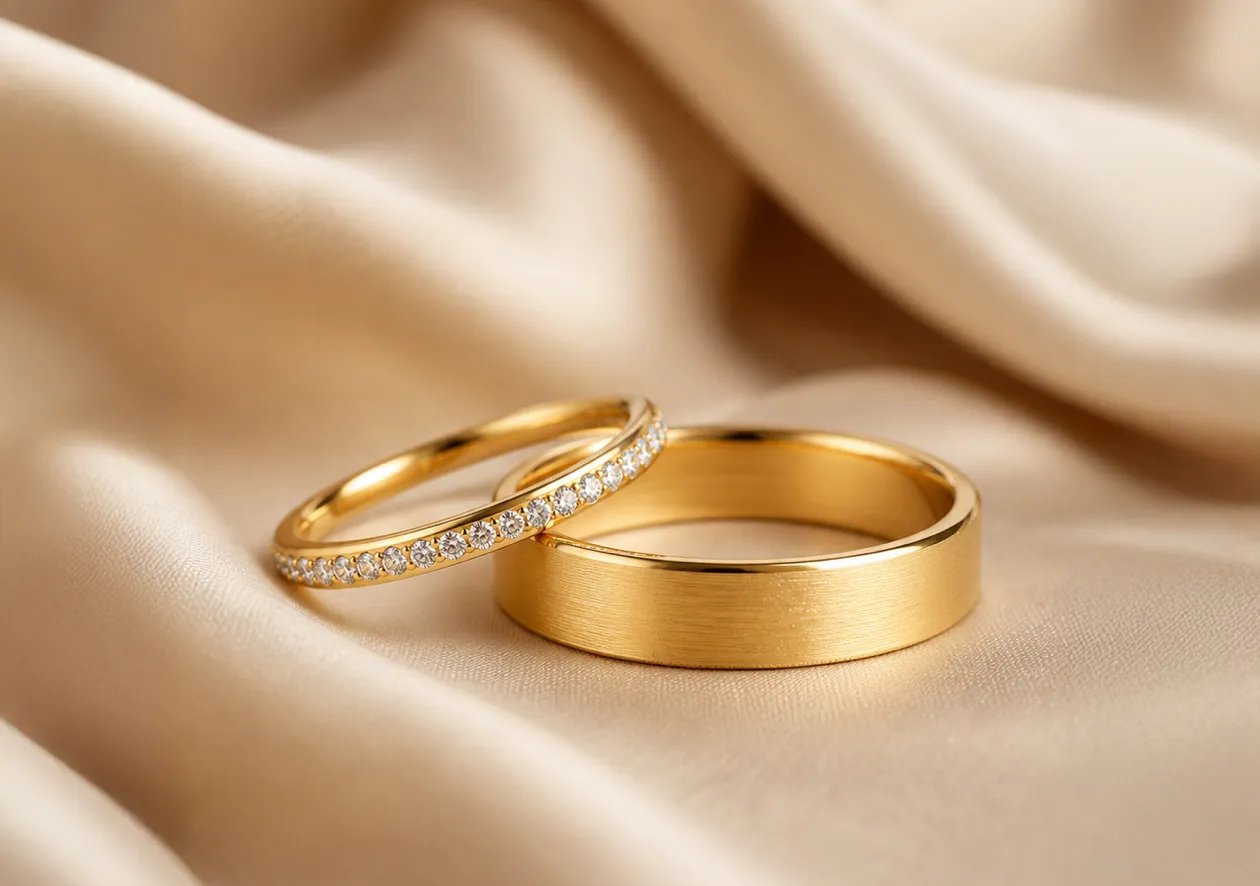 womens diamond wedding band and mens plain wedding band on neutral background